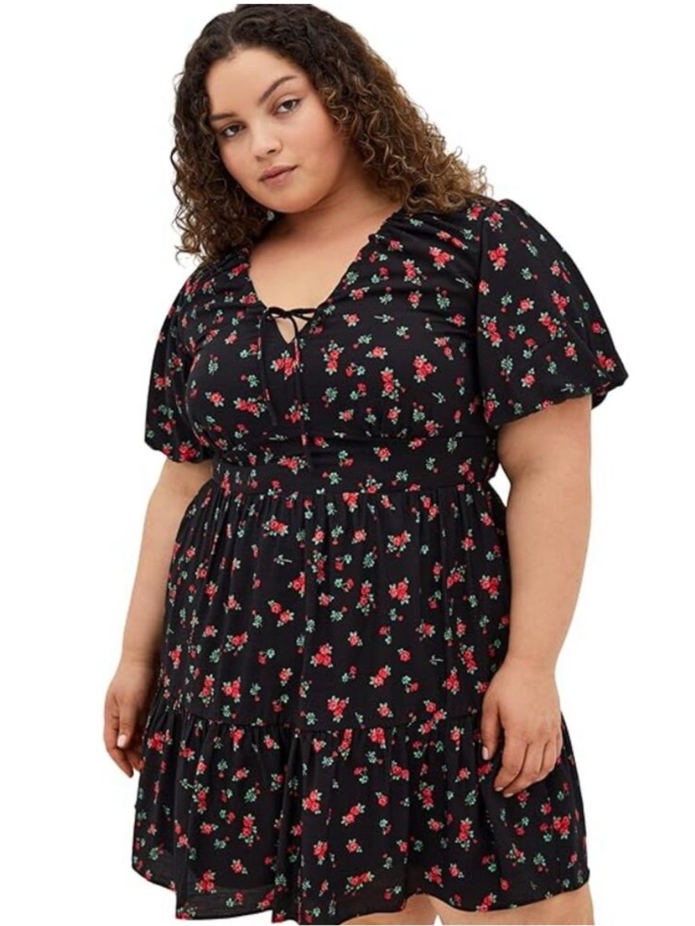 CITY CHIC Daphne Ditsy Floral Babydoll Mini Dress Pockets Black Red Roses Sz 24